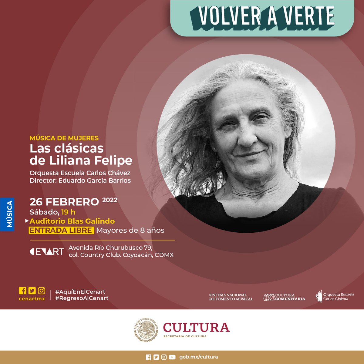 cenartmx's tweet photo. Acompañada de la Orquesta Escuela Carlos Chávez, #OECCH, Liliana Felipe interpretará sus temas clásicos, mismos que cuestionan de manera frontal el pensamiento. Sin duda, será toda una experiencia. Sábado 26 de febrero, 19 h. Entrada libre. https://t.co/o1d1XnctZa
#VolverAVerte🎼 https://t.co/1yXSn83YsO