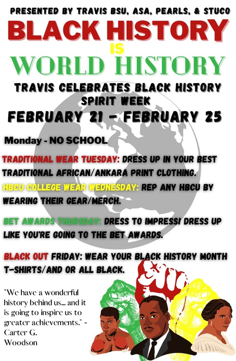 It's the final week of #BlackHistoryMonth and we have an entire week of activities planned for you <a href="/THS_Tigers/">Travis High School</a>! Be sure to dress the part everyday this week, take pics and tag us in them and use  #THSBHMSpiritWeek22!