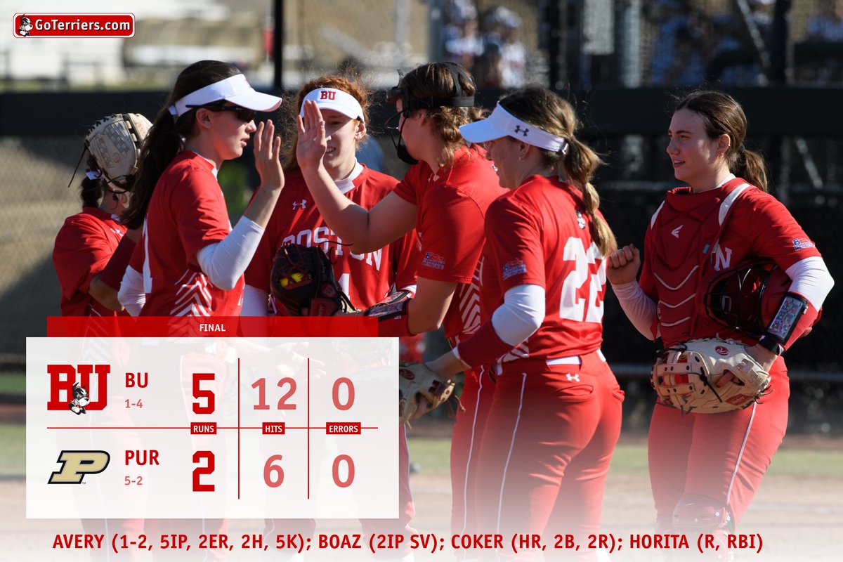 TerrierSoftball's tweet photo. Total team effort for our 1st win over the Big 10 since 2018‼️ Avery pitched 4.1 no-hit innings for the win, while Boaz earned her 1st career save. Coker, Horita &amp; Roncin went 6-of-12 w/ 3 runs + 3 RBIs. No. 13 Georgia coming up later. #GoBU #BUSB 🐾👊🥎

https://t.co/iK0rDUn0Sq https://t.co/E5iJ7Q1Z8J