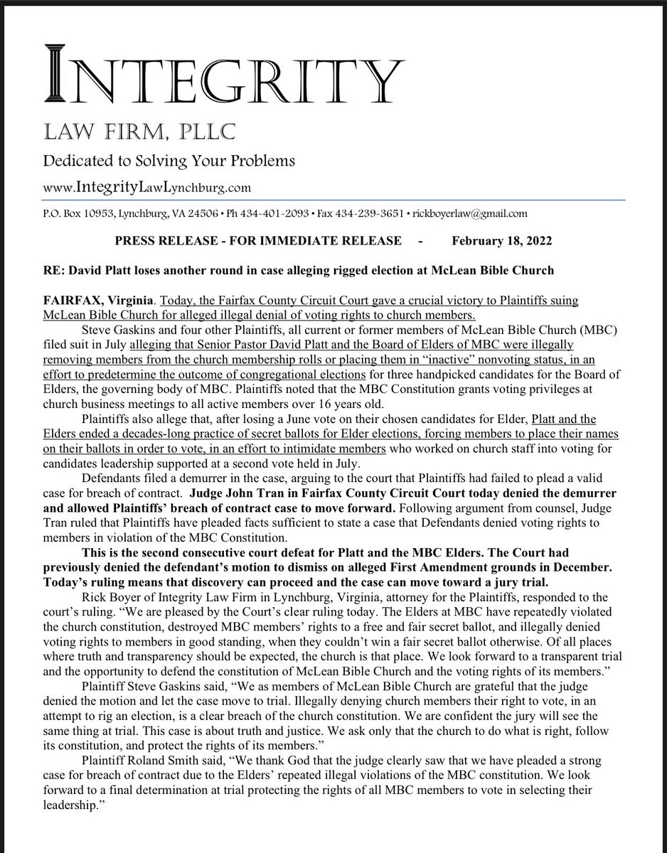 savembc1's tweet photo. Official Press Release: David Platt loses another round in case alleging rigged election at McLean Bible Church. Plaintiffs’ case of breach of contract allowed to move forward. Proceeds to discovery & move toward jury trial. #savembc #exposewickedness https://t.co/XkLbophEHa