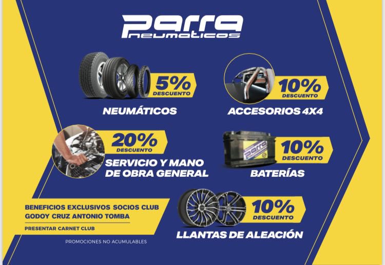 📣 #EspacioPublicitario 

¿Sabías que en #ParraNeumaticos hay descuentos exclusivos para #socios del #clubgodoycruz ? Si, solo presentando carnet 😍 

Sucursal Godoy Cruz|  Av. San Martín 1736, Godoy Cruz.