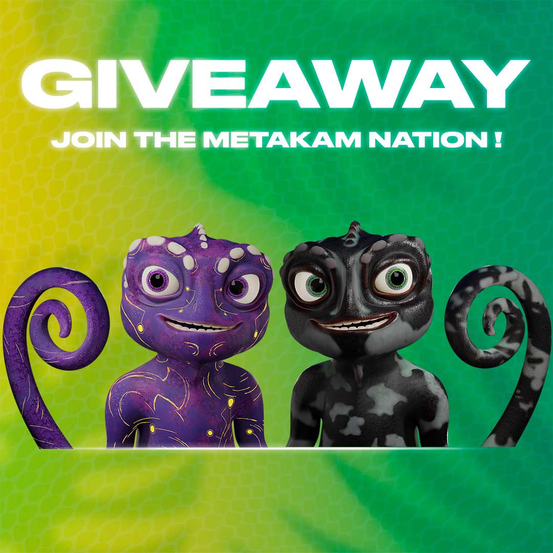 MetaKameleon Nation NFT Big Giveaway!
 
We've giving away 1 NFT, 30 WL spots &amp; 100$ (in ETH) ! 🎁  
 
➡️ Follow us on Twitter
➡️ Like and Retweet 
➡️ Join our Discord
➡️ Tag 2 friends on this post  
 
We will reach out to the 32 winners by DM.
Good luck ! 🍀