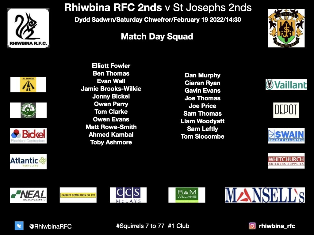 RhiwbinaRFC's tweet photo. The Squirrels return to Caedelyn tomorrow.  Our 2nds face @St_JosephsRFC while our 1sts play @cambrianwelfar1.  Both KO at 2.30pm.  Here's our 2nds squad: https://t.co/VKVzvSwylv