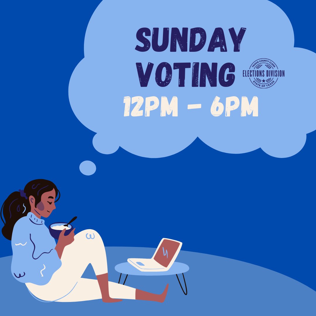 TravisCoClerk's tweet photo. You can vote today before brunch, after church, on your way to a hike.
Make a plan at https://t.co/StJCcmDiOh and get to the polls between 12-6pm.
#VoteTravis #VoteEarly #WeekendVoting https://t.co/gYP6TZPMV7
