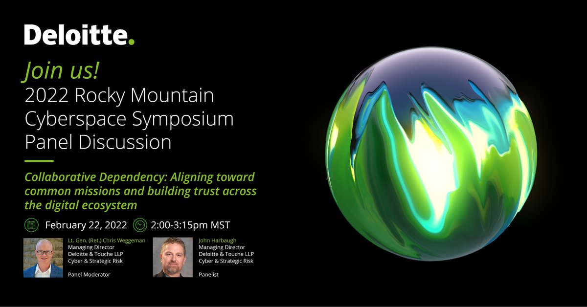 DeloitteGov's tweet photo. Deloitte’s Lt. Gen (Ret.) Chris Weggeman &amp; John Harbaugh will be on a panel at the 2022 Rocky Mountain Cyberspace Symposium. Join the discussion on Collaborative Dependency by registering here: https://t.co/jzWkQHQGfL https://t.co/tFzQZyDiG3