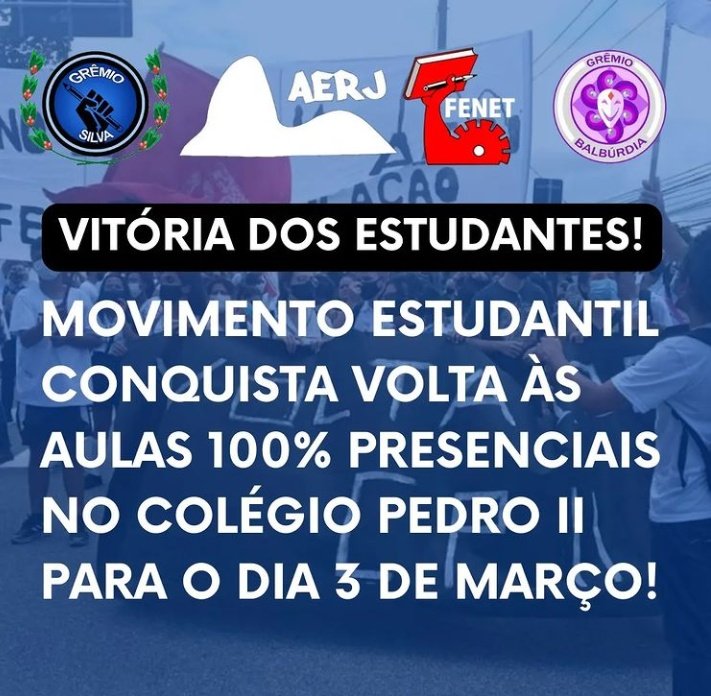 GremioCp2Real's tweet photo. | VITÓRIA DO MOVIMENTO ESTUDANTIL!!!

🗣️A reunião do CONSUP definiu hoje, dia 18/02, que as aulas retornarão 100% presencial no dia 03/03🥳

Essa conquista foi fruto de muita mobilização dos nossos estudantes que lutaram pelo ensino de qualidade e com segurança! + https://t.co/vWmAonObMK