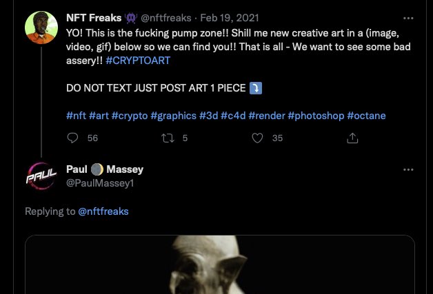 1 year ago today.⏳ My first reply to an @nftfreaks art dump. This thread is now compulsory, essential, legendary 💯 I hope we all appreciate how important to the NFT scene this thread has grown to be, and what the man behind it has achieved so far 💪🏻🔥🔥