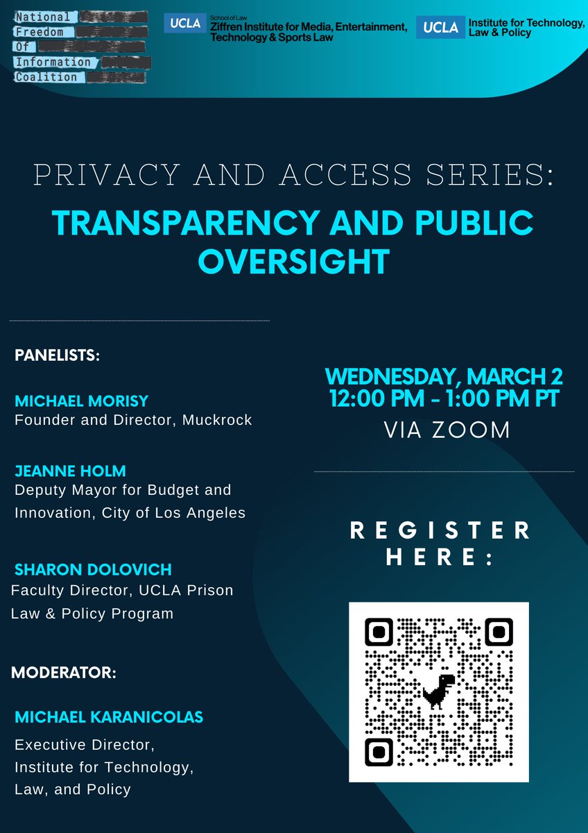 ZiffrenInstitute (@zimets_uclalaw) on Twitter photo Please join us for the first event in our Privacy and Access series on Wed, March 2nd at 12:00 PM PT.
Co-sponsored with <a href="/UCLAtech/">UCLA Institute for Technology, Law & Policy</a> and <a href="/NFOIC/">National Freedom of Information Coalition</a>.
Featuring <a href="/morisy/">Michael Morisy</a>, <a href="/aoa1q/">JeanneHolm</a>, <a href="/SharonDolovich/">Sharon Dolovich</a>, and <a href="/M_Karanicolas/">Michael Karanicolas</a>
Register here: bit.ly/3IeymsQ Please join us for the first event in our Privacy and Access series on Wed, March 2nd at 12:00 PM PT.
Co-sponsored with <a href="/UCLAtech/">UCLA Institute for Technology, Law & Policy</a> and <a href="/NFOIC/">National Freedom of Information Coalition</a>.
Featuring <a href="/morisy/">Michael Morisy</a>, <a href="/aoa1q/">JeanneHolm</a>, <a href="/SharonDolovich/">Sharon Dolovich</a>, and <a href="/M_Karanicolas/">Michael Karanicolas</a>
Register here: bit.ly/3IeymsQ