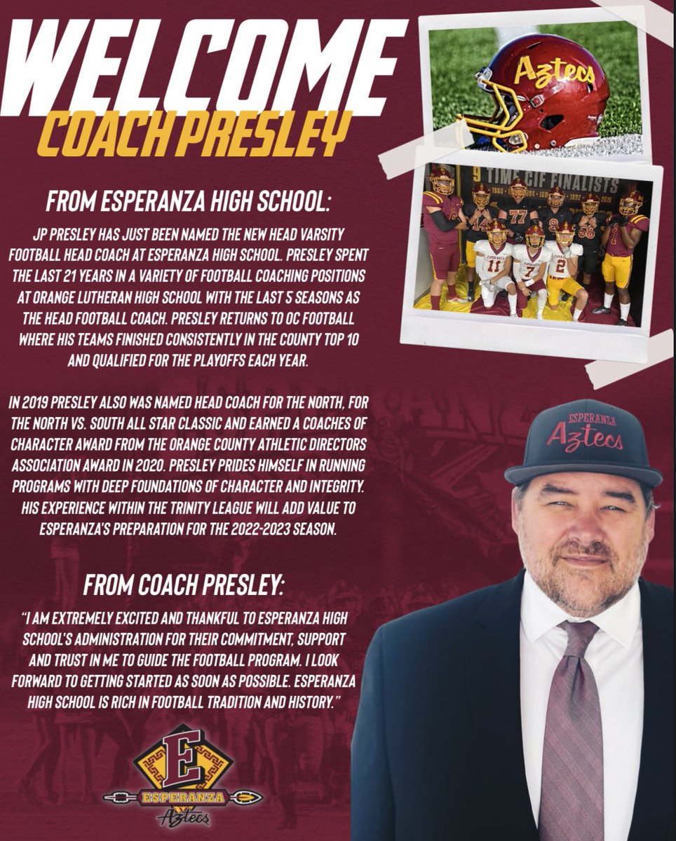 Esperanza Aztecs (@esperanzaaztecs) on Twitter photo We would like to introduce our new head football coach, JP Presley. Welcome to the Aztec family! <a href="/chriscfore/">Chris Fore</a> <a href="/SteveFryer/">Steve Fryer</a> <a href="/ocvarsity/">ocvarsity</a> <a href="/ocvarsityguy/">Dan Albano</a> <a href="/latsondheimer/">eric sondheimer</a> <a href="/jp_presley1/">JP Presley</a> @EsperanzaAthlet We would like to introduce our new head football coach, JP Presley. Welcome to the Aztec family! <a href="/chriscfore/">Chris Fore</a> <a href="/SteveFryer/">Steve Fryer</a> <a href="/ocvarsity/">ocvarsity</a> <a href="/ocvarsityguy/">Dan Albano</a> <a href="/latsondheimer/">eric sondheimer</a> <a href="/jp_presley1/">JP Presley</a> @EsperanzaAthlet