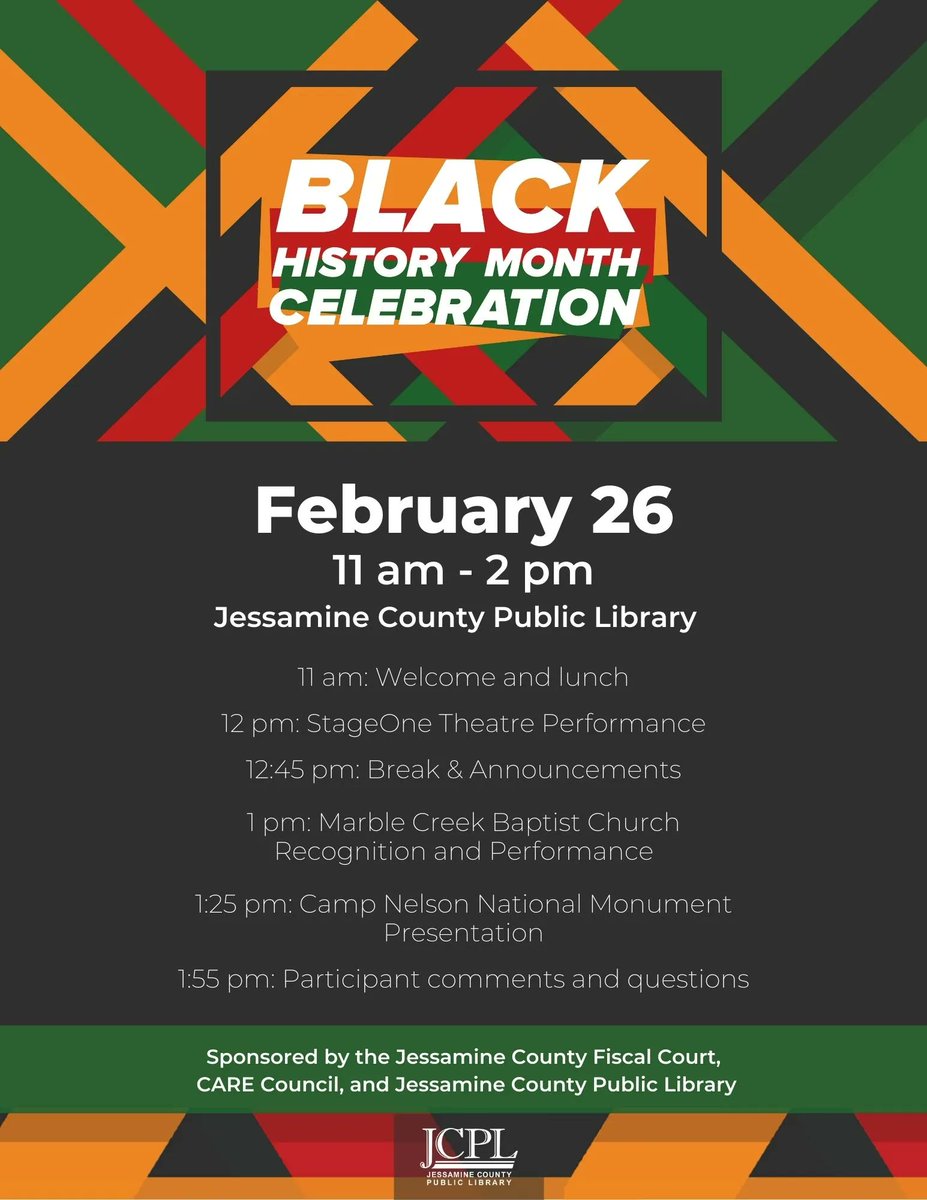 Join in celebrating Black History Month on February 26th at JCPL. #jessaminelove
#blackhistorymonth #blackhistory #americanhistory #knowledgeispower #music #foodforthesoul #community