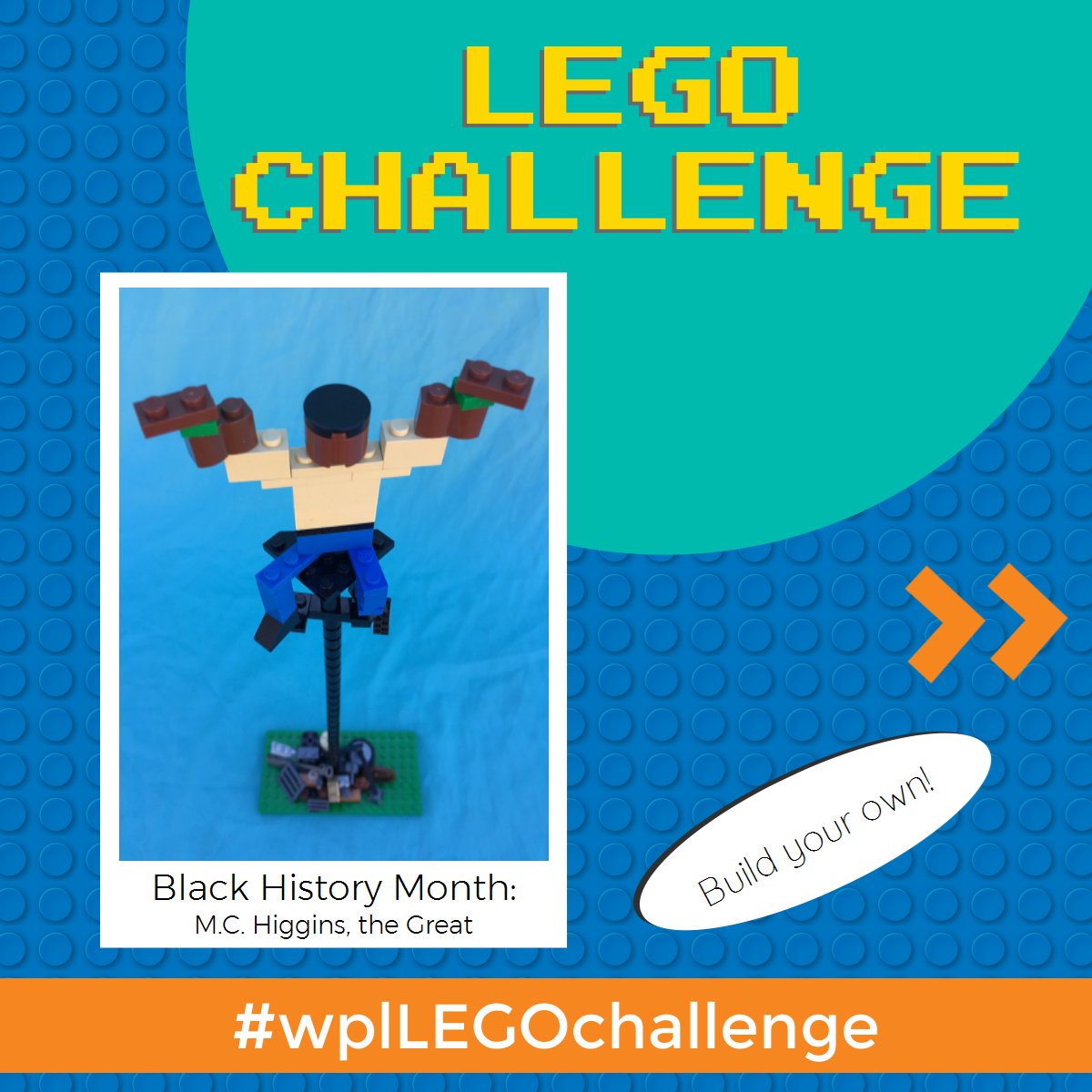 WhittierPubLib's tweet photo. Celebrate Black History Month.  Virginia Hamilton’s M.C. Higgins, the Great was the first Newbery Medal winner by an African-American Author. #wpllegochallenge https://t.co/Yo1mvAfPhv