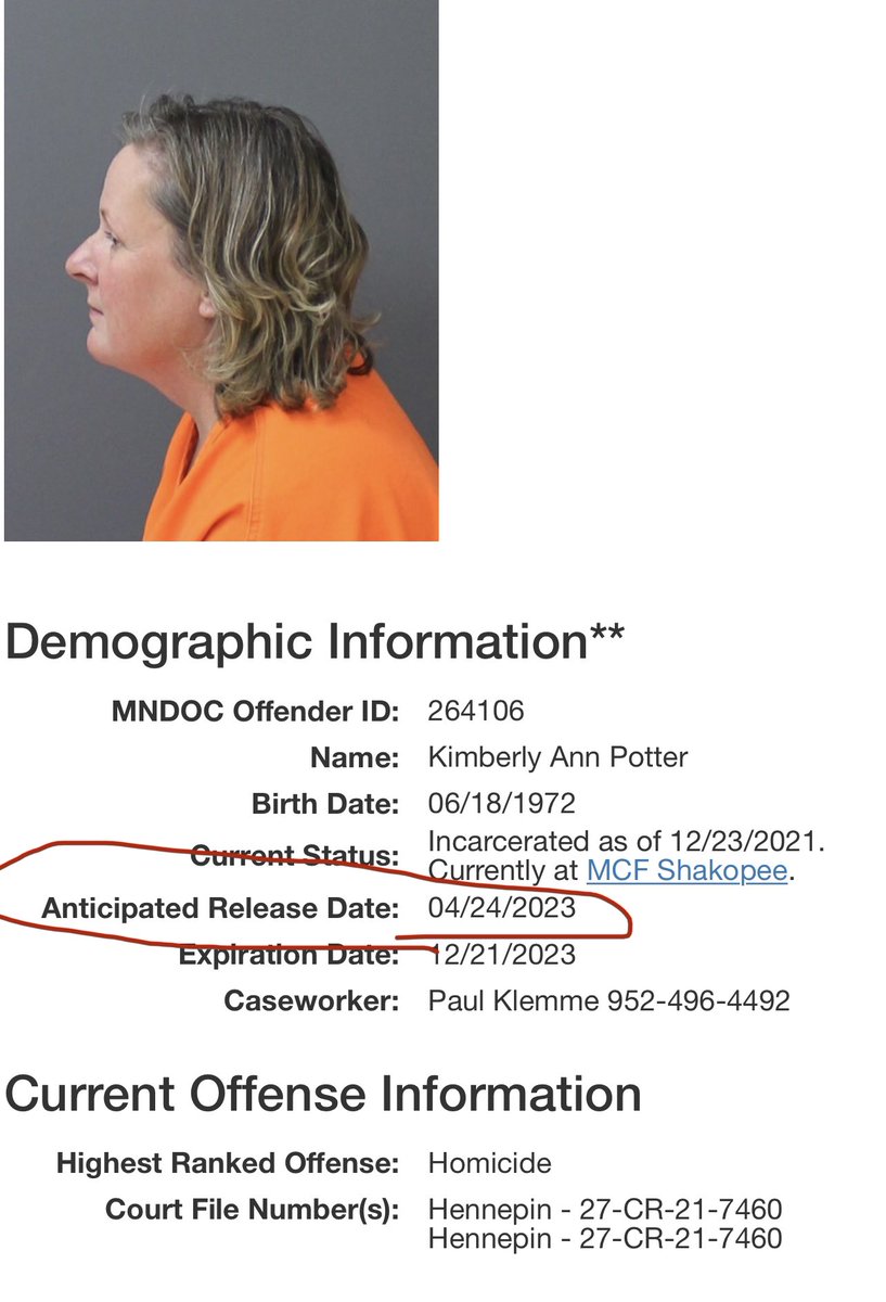 #KimPotterSentencing: With #KimPotter back at women's prison, MCF-Shakopee, current online DOC records show her release date as 4/24/23. We learned today, she has been assigned to isolated housing since conviction that her lawyers said has taken a toll on her mental health.