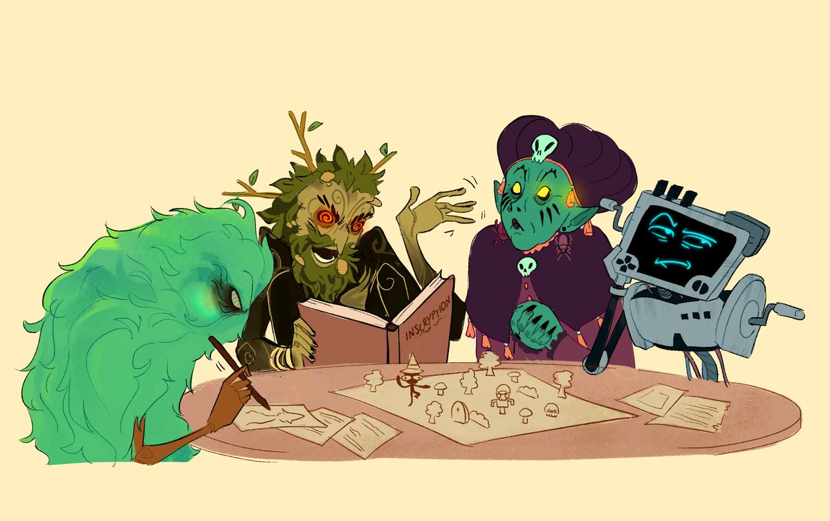 bright_goat's tweet photo. SPOILERS FOR INSCRYPTION
my beloved maniacal power-hungry tabletop game hosts 
~~~~~~~~~~~~~
#Inscryption #inscryptionfanart #fanart https://t.co/a0sgFp13tj