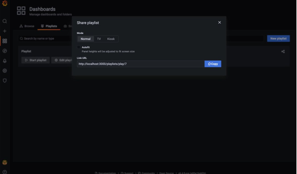 grafana's tweet photo. New in #Grafana 8.4: You can now share links to your playlists the same way as with dashboards, to easily set up the same playlist on multiple devices or kiosks. https://t.co/Xw1dp2mdJF