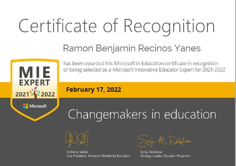ramon_benjamin's tweet photo. Hoy si formalmete reconocido. Iniciamos 2022
"Este año super  emocionado de ser seleccionado como experto en MIE para #MicrosoftEdu #MIEExpert 2021-2022". 🙌 https://t.co/WeZPldnkcq