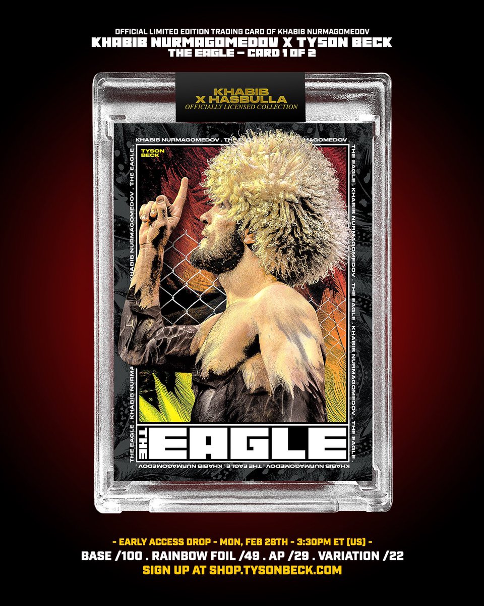 tysonbeckdesign's tweet photo. A first of its kind and one of the most anticipated releases I’ve ever done 🌊 

Just leaked some (but not all) of the card art ahead of the Khabib x Hasbulla x Tyson Beck drop 1 on Feb 28th (US)

RT to go in the draw to win a Free Khabib or Hasbulla Autograph card https://t.co/fMwwa5dT00
