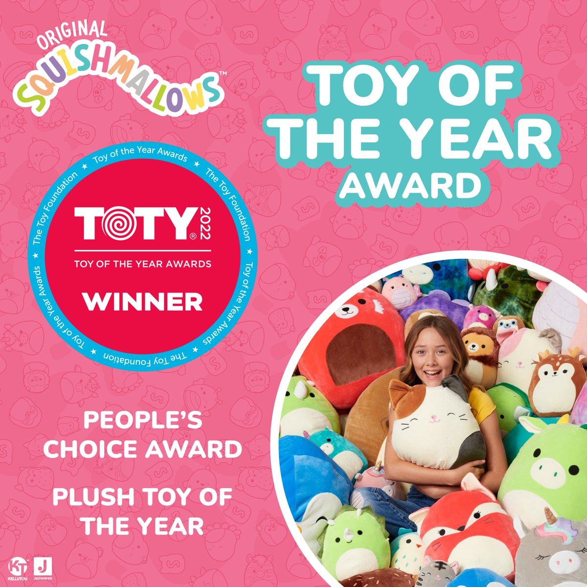 squishmallows's tweet photo. Squishmallows WINS BIG! Taking Toy of the Year, People’s Choice Award and Plush Toy of the Year at the 2022 TOTY Awards. This would not be possible without the support of our spectacular Squishmallows Squad! 🏆🏆🏆 #TOTY2022 #ToyAwards #ToyoftheYear #Squishmallows https://t.co/u8n5U71gzi