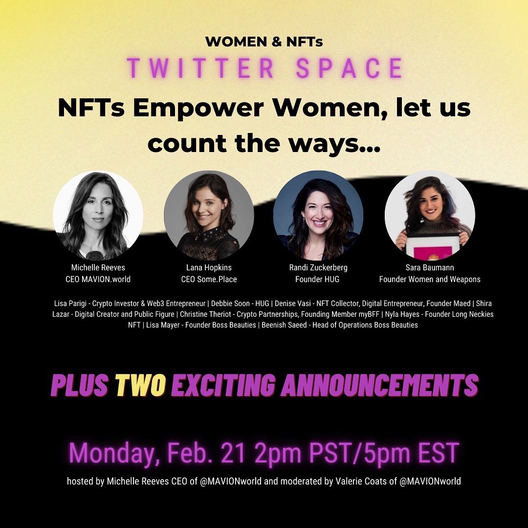 MAVIONworld's tweet image. We’re hosting our second Space! 🚀Joined again by phenomenal women in NFTs! We’ll be making some exclusive announcements 👀 soo..

Set a reminder 👉