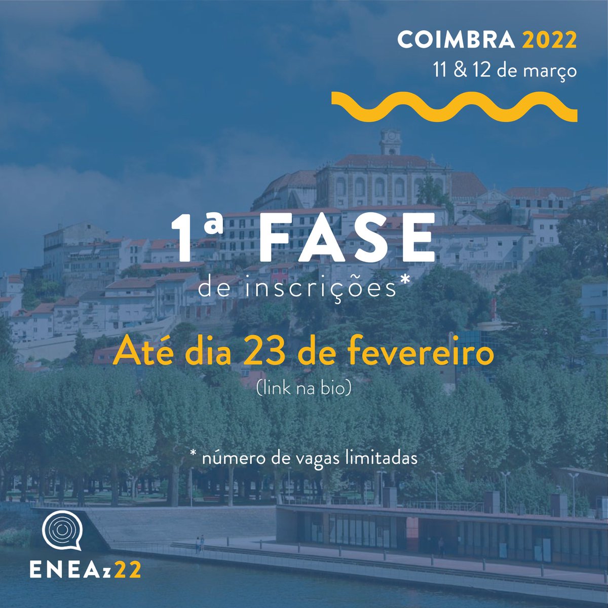 🎫 Ainda te podes juntar a nós! O teu bilhete inclui:
- roteiro por Coimbra 
- 2 jantares 🍽🍻
- 4 conferências 
- coffee breaks

🔵 Garante já o teu lugar ao melhor preço! Os lugares são limitados.

📆Nos dias 11 e 12 de março, vem ter connosco a Coimbra!
bit.ly/inscricao_eneaz