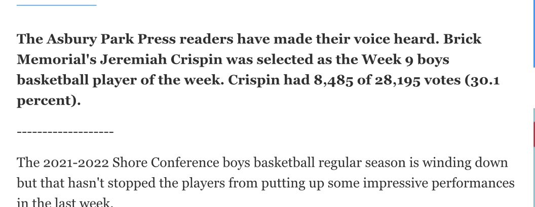 Congrats to Jeremiah Crispin on his selection as the Asbury Park Press Shore Conference boys basketball star of week 9 ⭐️ Well deserved Jeremiah!! 🐎
<a href="/BrickMemorialHS/">Mustangs</a> <a href="/BMSTANGSports/">BMSports</a>