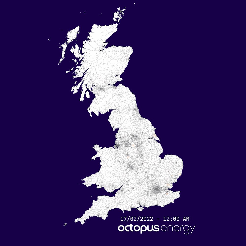 g__j's tweet photo. We've used real time fault monitoring data from smart meters to build a map of power cuts by area to show in real time how Storm Eunice developed. The colour scale shows the proportion of meters we monitor that have a fault… quick work by ⁦@robhawkes⁩, David and Lilla https://t.co/iOymMZqh21