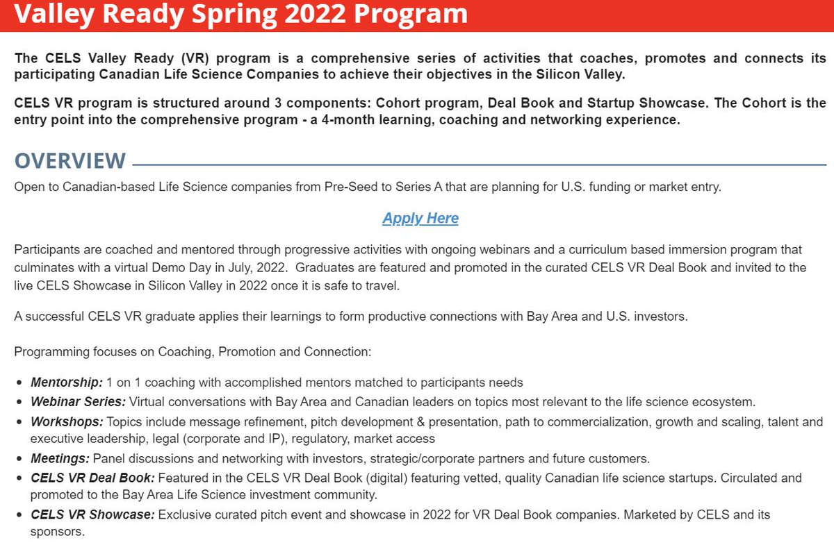 Applications are now open for the 4th Valley Ready Program. #Canadian #healthscience companies are encouraged to apply to a very unique program blending mentoring, workshops and a demo day to US investors. Please share with you respective networks. cels-sfo.com/page-18139