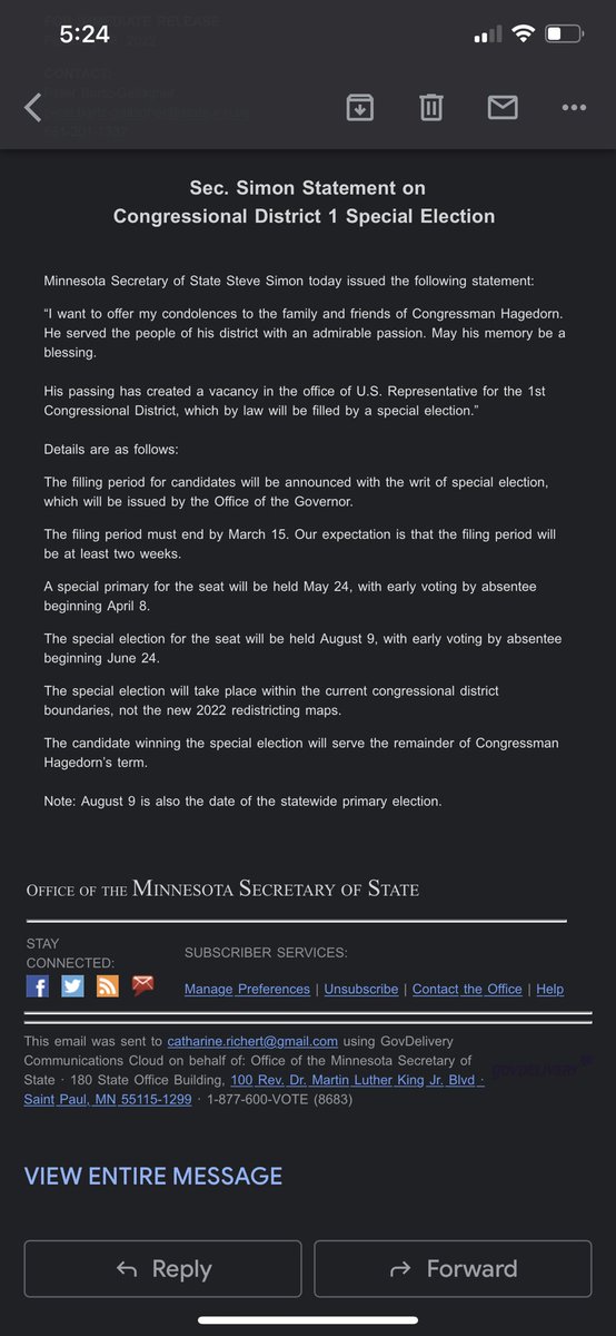 CatRichert's tweet image. Dates below for #mn1 special election. 👇🏻👇🏻👇🏻