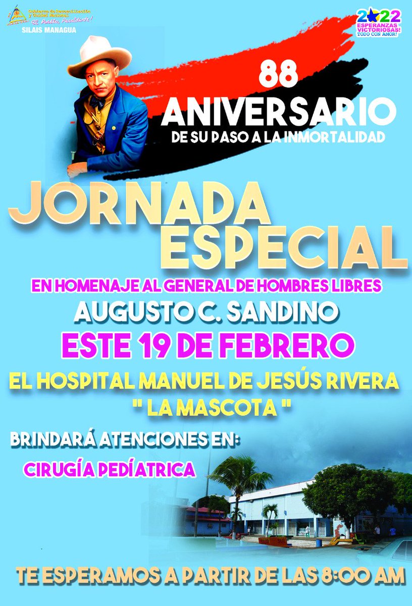 CarlsLumbi's tweet photo. #Nicaragua El ministerio de salud celebra el 88 Aniversario del Paso a la Inmortalidad del General de Hombres y Mujeres Libres con Jornadas Especiales este 19 de Febrero #NicaraguaSandinista https://t.co/A0dTniekzu