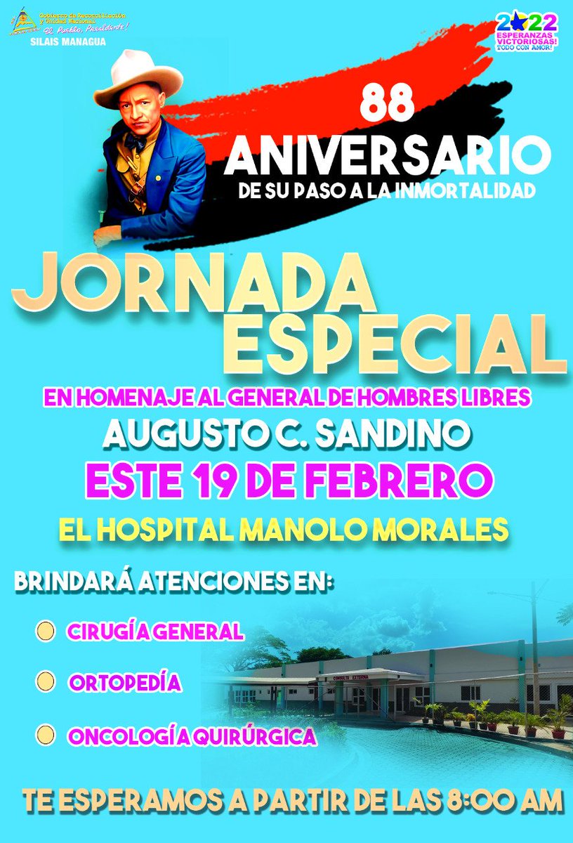 CarlsLumbi's tweet photo. #Nicaragua El ministerio de salud celebra el 88 Aniversario del Paso a la Inmortalidad del General de Hombres y Mujeres Libres con Jornadas Especiales este 19 de Febrero #NicaraguaSandinista https://t.co/A0dTniekzu