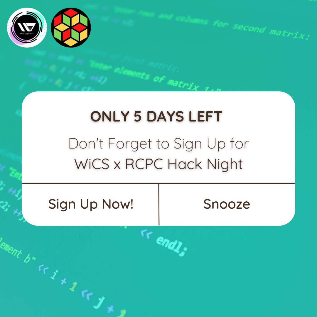 tmu_wics's tweet photo. There are only 5 DAYS LEFT to sign up for WiCS x RCPC Hack Night! 

Don’t miss out of the opportunity to practice your technical interview skills, meet new people, have fun with your friends, and a chance to win up to $200 in total prizes! Register now using the link in our bio. https://t.co/trsh7HYQd5