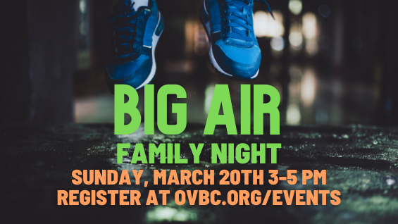 We love to spend time together, so come be with us at Big Air on Sunday, March 20th! 

For $15 you can jump for 2 hours, get a pair of Big Air socks, and eat pizza! 
oceanview.ccbchurch.com/goto/forms/184…