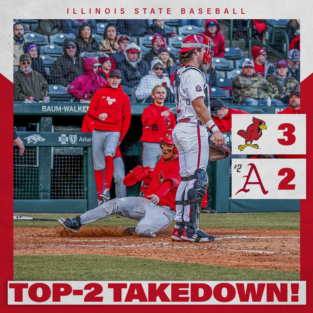 🚨 𝗧𝗢𝗣-𝟮 𝗧𝗔𝗞𝗘𝗗𝗢𝗪𝗡 🚨

Illinois State goes into Fayetteville and knocks off #2 Arkansas‼️

#REDBIRDbaseball // #BackTheBirds