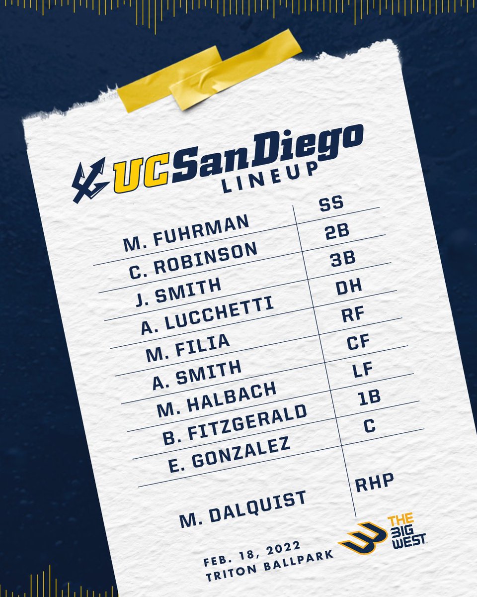 UCSDbsb's tweet photo. How we're lining up for the season opener 📝

#GoTritons https://t.co/2B8FQtJXlz