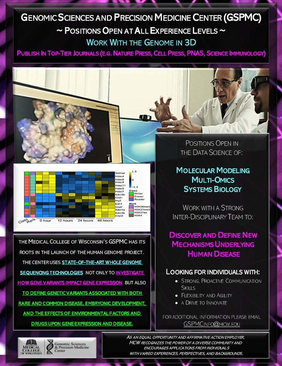 precision_ru's tweet photo. Prestigious Genomic Center Hiring Data Scientists to Join our Sizable Team of Analysts Experts in Different Areas of Computational Sciences ⁦@MSOE⁩ ⁦@MarquetteU⁩ ⁦@UWM⁩ #bioinformatics #academicjobs #positions #hiring #computationalsciences #genonics #analytics https://t.co/JlMFzmYH80