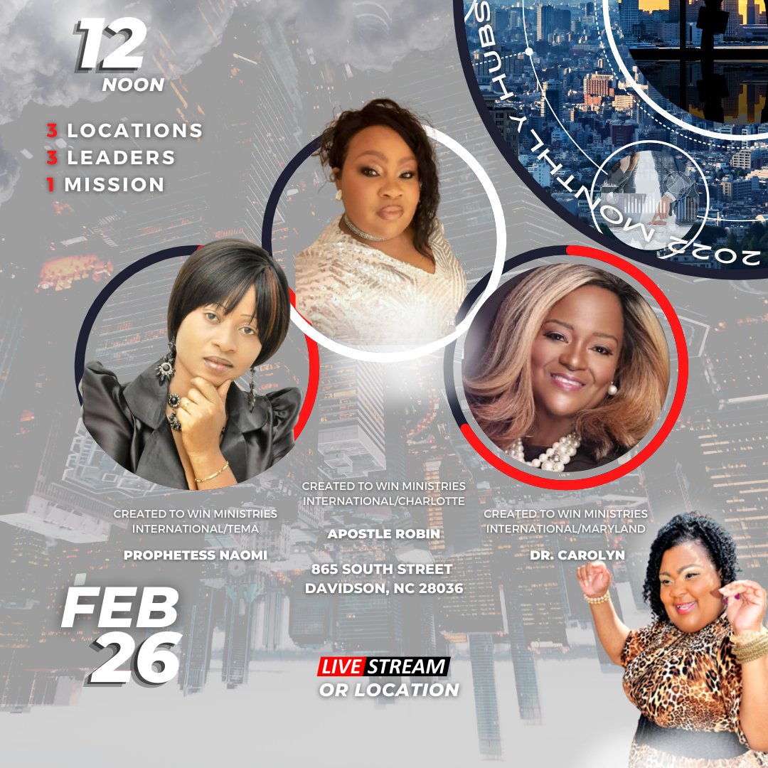 wtwimpartation's tweet photo. ➡️Mark your calendar- ALL 2022 monthly Hubs initiate
➡️Feb. 26th/12 Noon EDT
➡️ @created2winn Ministries International/Maryland, Created To Win Ministries International/Tema, Created To Win Ministries/CHARLOTTE    

#C2W #maryland #Tema #charlotte #HUB #houseofprayer https://t.co/UcBLPhY8qT