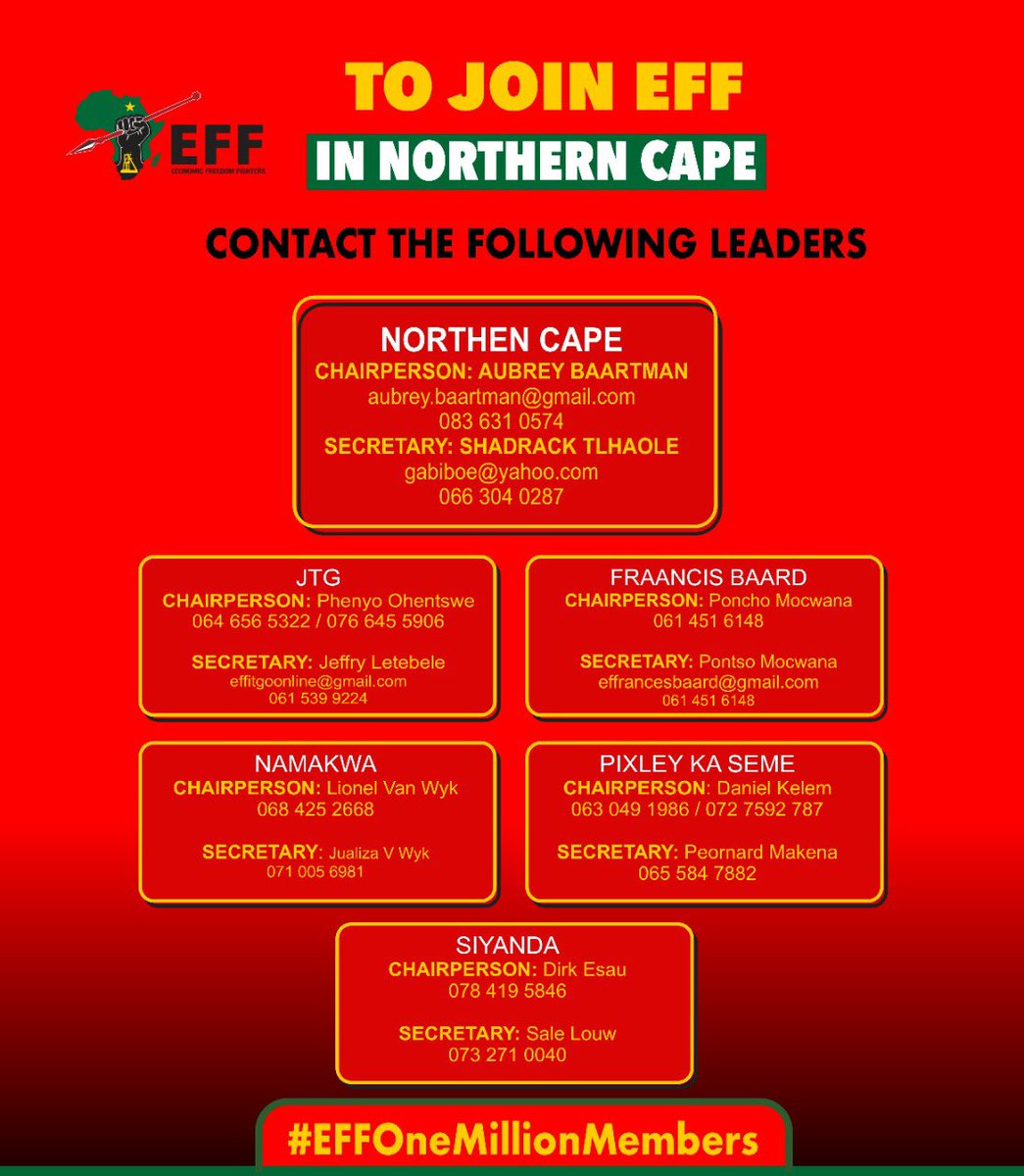 EFFSouthAfrica's tweet photo. [Must See] The EFF has launched its 1 Million Membership Campaign for 2022, the Year of the Branch

To Join the 1 Million Battalion in Free State, North West, Kwa-Zulu Natal and Northern Cape, here are the contact details of your leaders

Join the War for Economic Freedom! https://t.co/yVJ1Z51AbE