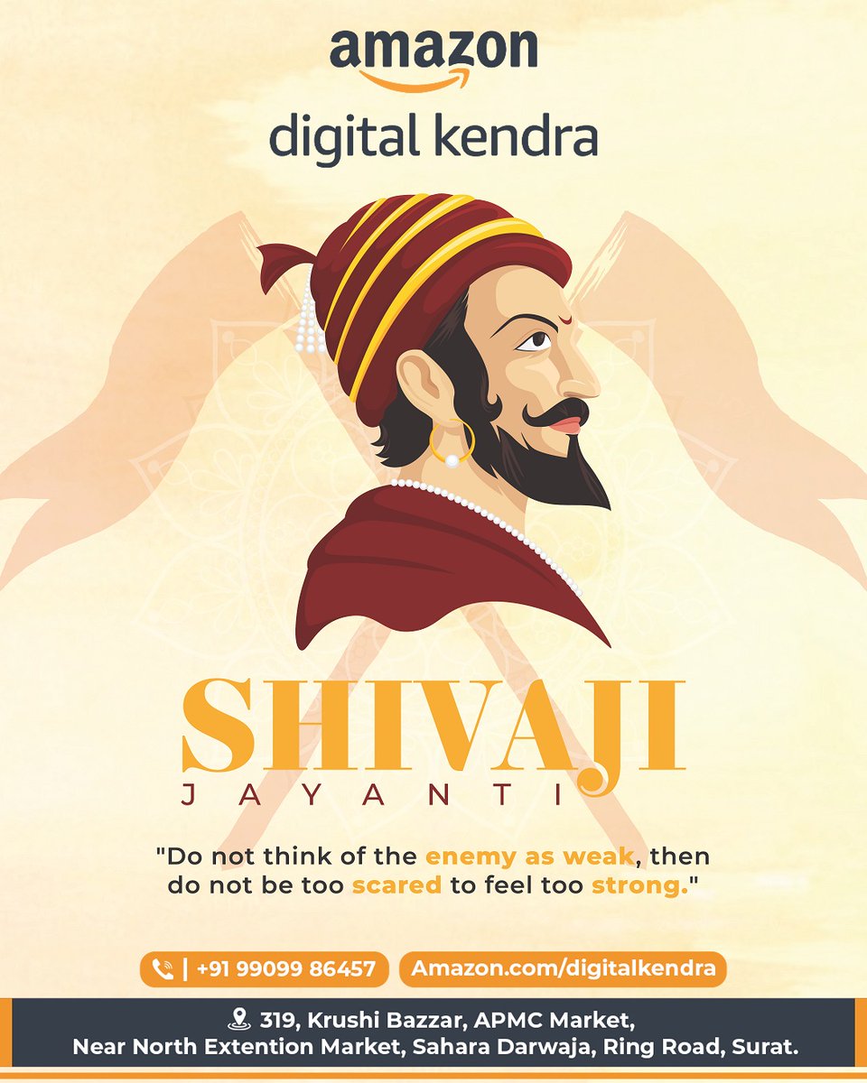 KendraAmazon's tweet photo. Let us celebrate Shivaji Jayanti by promising ourselves to always walk the path of righteousness like Shivaji Maharaj and make our nation proud.

#chatrapatishivajimaharajjayanti #shivajimaharaj #marathaempire #jaishivaji #amazondigitalkendra https://t.co/aaobLptnji