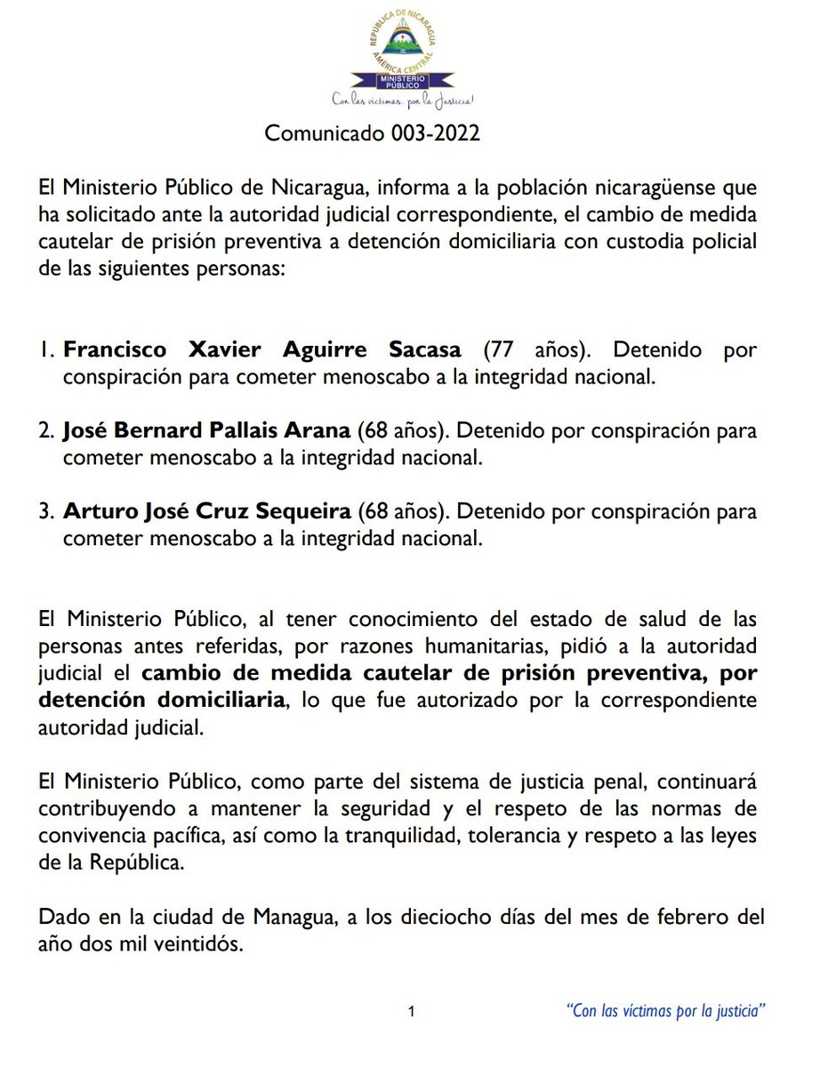 🔴 #URGENTE | Cambio de medida cautelar, de prisión preventiva a detención domiciliaria a los siguientes golpistas:

‼️Francisco Aguirre
‼️José Pallais
‼️Arturo Cruz 

#Nicaragua
