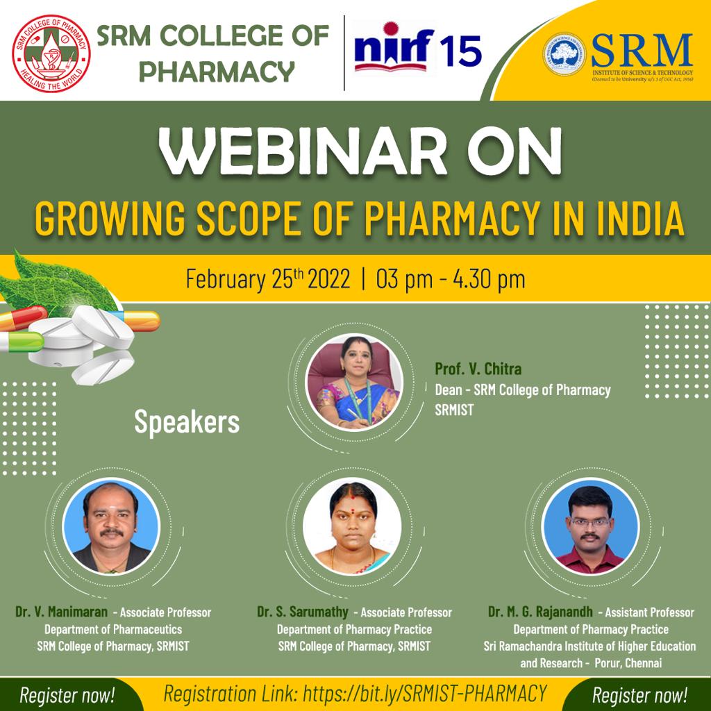 SRM_Univ's tweet photo. Join Our Webinar On:
Topic: Growing scope of Pharmacy in India
Date: 25th Feb 2022
Time: 3 P.M to 4.30P.M
Meeting Details:
Registration Link: https://t.co/xn3BWhUPs0
#SRMIST #WEBINAR #PHARMCY https://t.co/zgYVFHvhHx