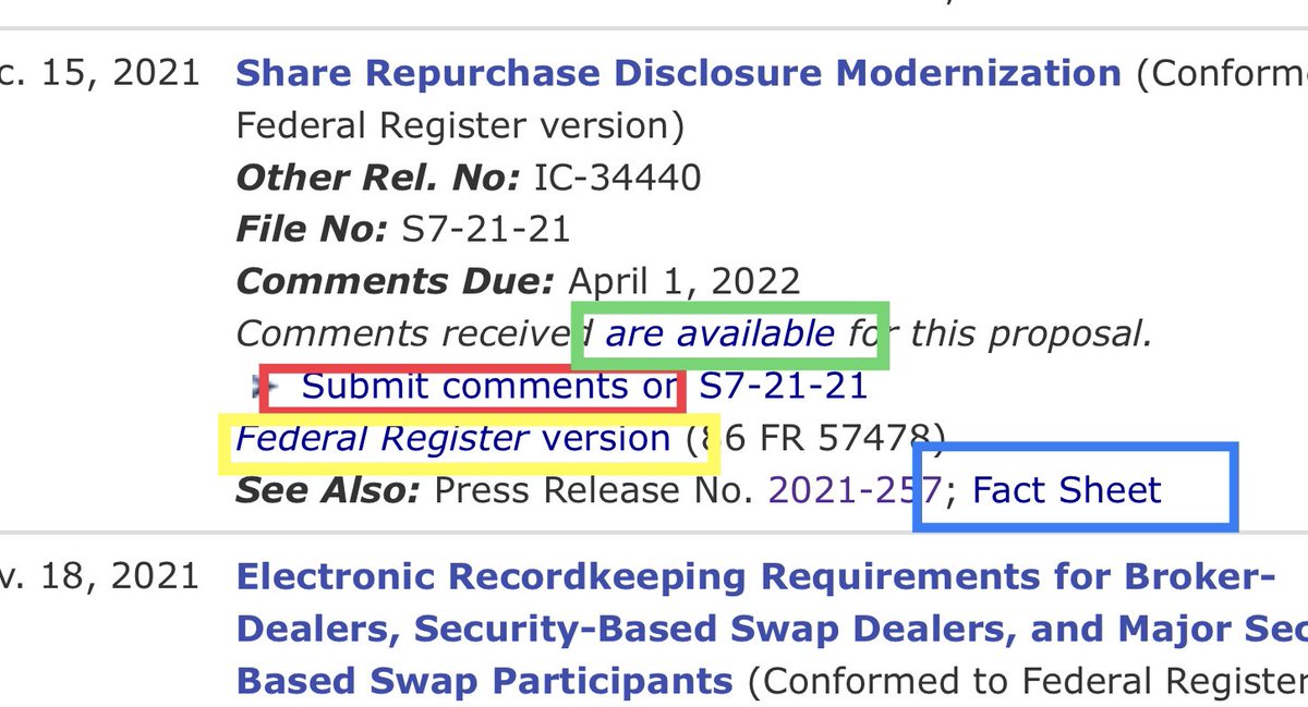 There are currently 12 SEC proposals open for comment.

_Click link
_Choose 2021 or 2022
_Scroll to particular proposal

Each proposal has 4 links within it
-Review Comments (GREEN)
-Submit Comments (RED)
-Full Proposal (YELLOW)
-Fact Sheet (short)(BLUE)

sec.gov/rules/proposed…