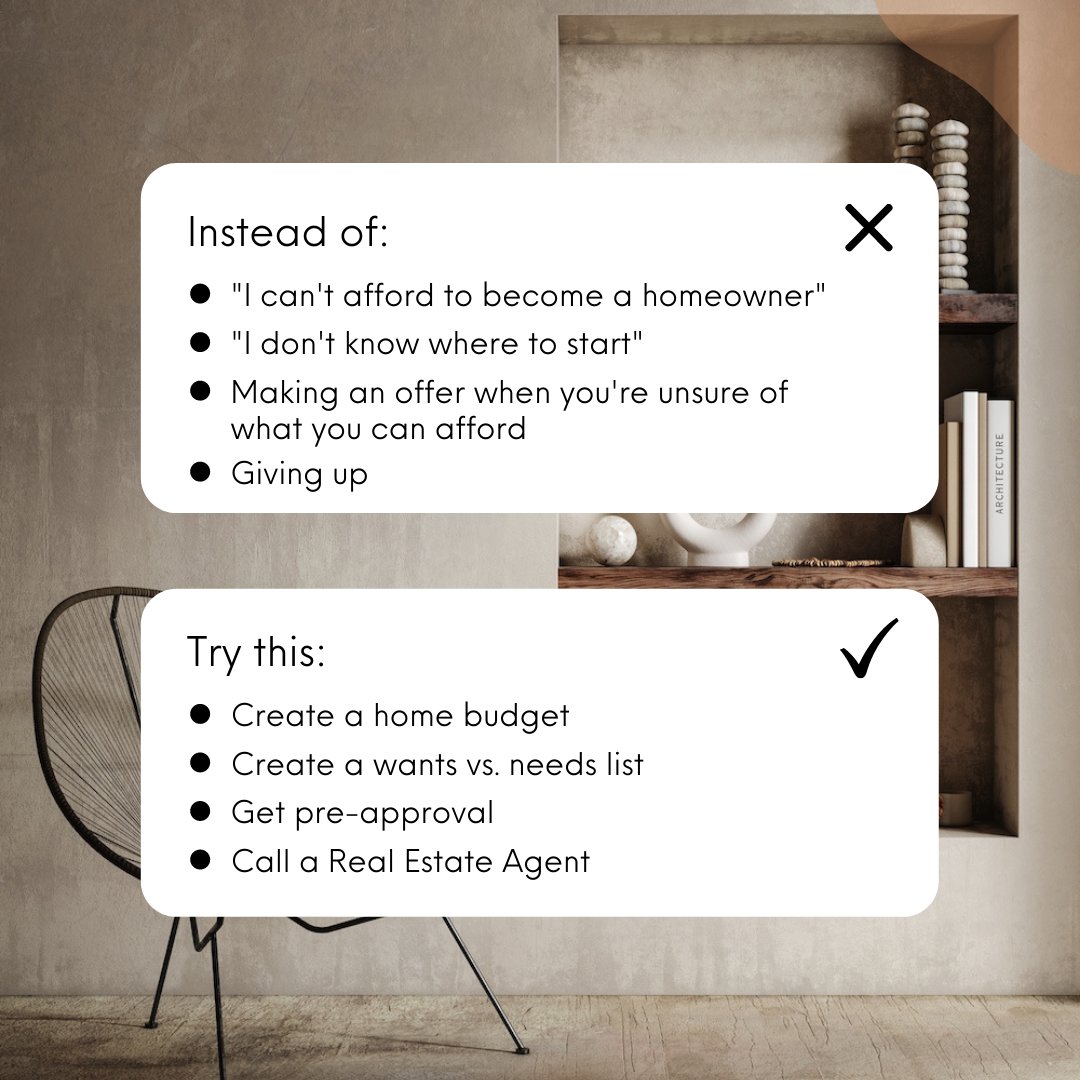 KaylaJSellsVA's tweet image. Reframing exercises aren’t just reserved for the self-help niche. We can also use reframing exercises when you’re in the process of buying a home!
For example, instead of “I can’t afford to become a homeowner,” try, “I can create a home budget that works for my needs.