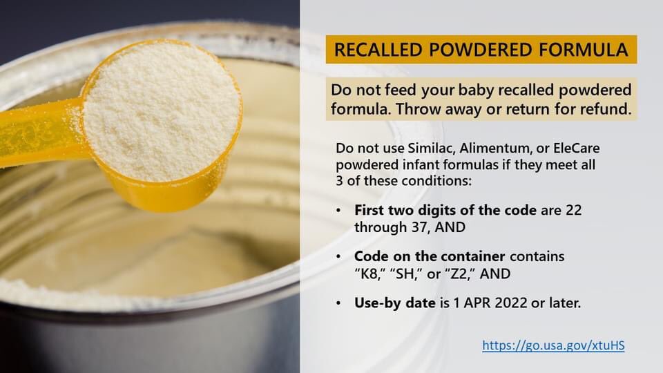 UtahDHHS's tweet photo. Do not use Similac, Alimentum, or EleCare powdered infant formulas if they meet all 3 of these conditions:
• First two digits of the code are 22 through 37, and
• Code on the container contains K8, SH, or Z2, and
• Use-by date is 4-1-2022 (APR 2022) or later
2/ https://t.co/ZChSYIX15X