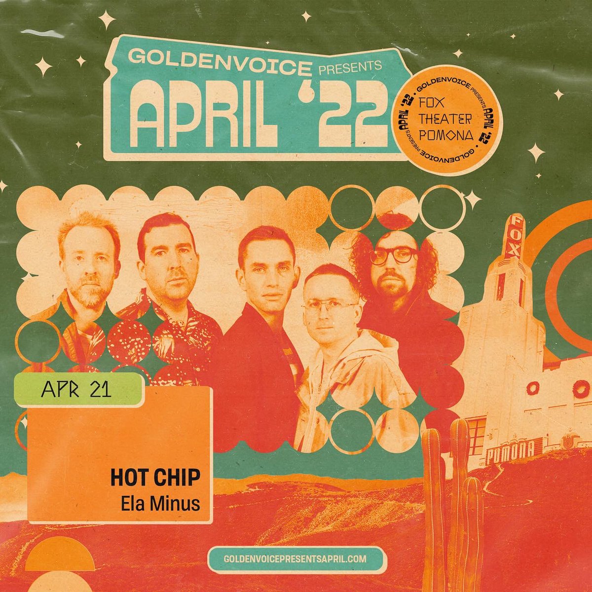 fox theater pomona (@foxtheater) on Twitter photo The first batch of Goldenvoice Presents April shows are on sale NOW 💃🏻🕺🏻
4/12 <a href="/kinggizzard/">King Gizzard</a> + Mildlife
4/19 <a href="/chelseacutler/">chelsea cutler</a> + <a href="/AdamMelchor/">Adam Melchor</a> & <a href="/ROSIEmusicc/">ROSIE</a>
4/21 <a href="/Hot_Chip/">Hot Chip</a> + <a href="/ela_minus/">Ela Minus</a>
Head over to goldenvoicepresentsapril.com and we’ll see yaaa in April The first batch of Goldenvoice Presents April shows are on sale NOW 💃🏻🕺🏻
4/12 <a href="/kinggizzard/">King Gizzard</a> + Mildlife
4/19 <a href="/chelseacutler/">chelsea cutler</a> + <a href="/AdamMelchor/">Adam Melchor</a> & <a href="/ROSIEmusicc/">ROSIE</a>
4/21 <a href="/Hot_Chip/">Hot Chip</a> + <a href="/ela_minus/">Ela Minus</a>
Head over to goldenvoicepresentsapril.com and we’ll see yaaa in April