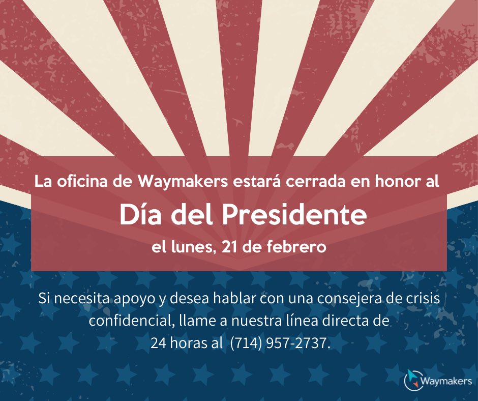 Este lunes 21 de febrero, nuestras oficinas estarán cerradas en honor para el Dìa del Presidentes. #SAVS quisiera recordarte que no estàs solo/a. Una consejera de crisis confidencial estar disponible, llame a nuestra lìnea directa de 24 horas al (714) 957-2737 ☎️💙.