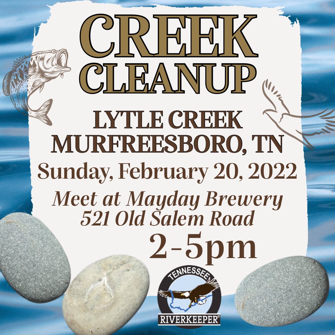 Cleanup this Sunday in Murfreesboro, Tennessee on Lytle Creek. Meet at @MaydayBrewery by 2pm. 

#Murfreesboro #Riverkeeper #LytleCreek #Tennessee #plastic #litter #cleanup #MaydayBrewery #MTSU #MiddleTennesseeStateUniversity #StonesRiver #CivilWar #RutherfordCounty