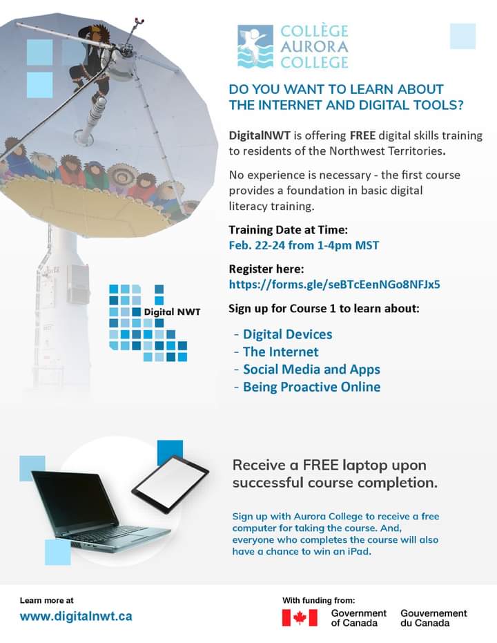 Introduction to Digital Literacy
Date: February 22, 2022 to February 24, 2022
Time: 1:00 pm to 4:00 pm
Location: Online - Zoom
Community: Behchokǫ̀, Whatì, Gamètì, Wekweètì, Yellowknife
Must register to take course:

Register here: forms.gle/seBTcEenNGo8NF…

#DigitalNWT