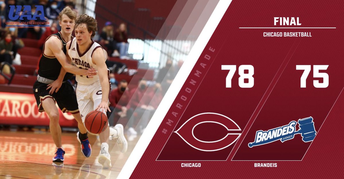 UChicagoMBB's tweet photo. A big Friday night win for the Maroons, led by senior Brandon Beckman with 30 points! #MaroonMade https://t.co/EchXZl7U3u
