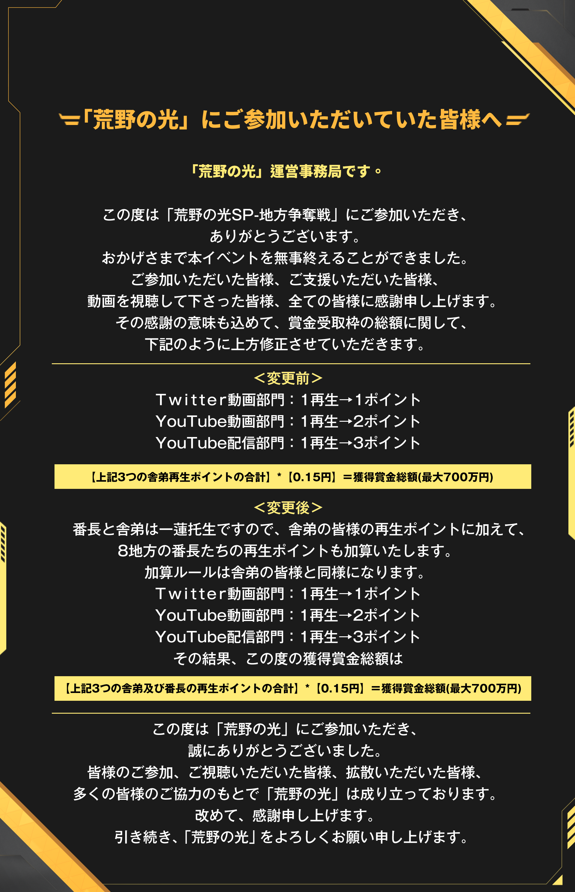 荒野の光運営事務局 この度は 荒野の光sp 地方争奪戦 にご参加いただき ありがとうございます おかげさまで本イベントを無事終えることができました ご参加いただいた皆様 ご支援いただいた皆様 動画を視聴して下さった皆様 全ての皆様に感謝