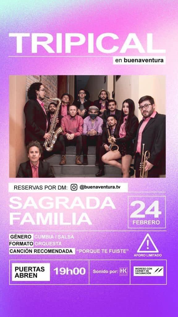 sagradarumba's tweet photo. TRIPICAL en Buenaventura 

Te invitamos a una noche de música, bebida, y baile.
-LA SAGRADA en vivo-
Haz tus reservas por DM : IG @buenaventura.tv 

En el goce está el secreto! 
#consumeartelocal 
#lasagradapapá 
#tripical https://t.co/oh9Jn7gWli