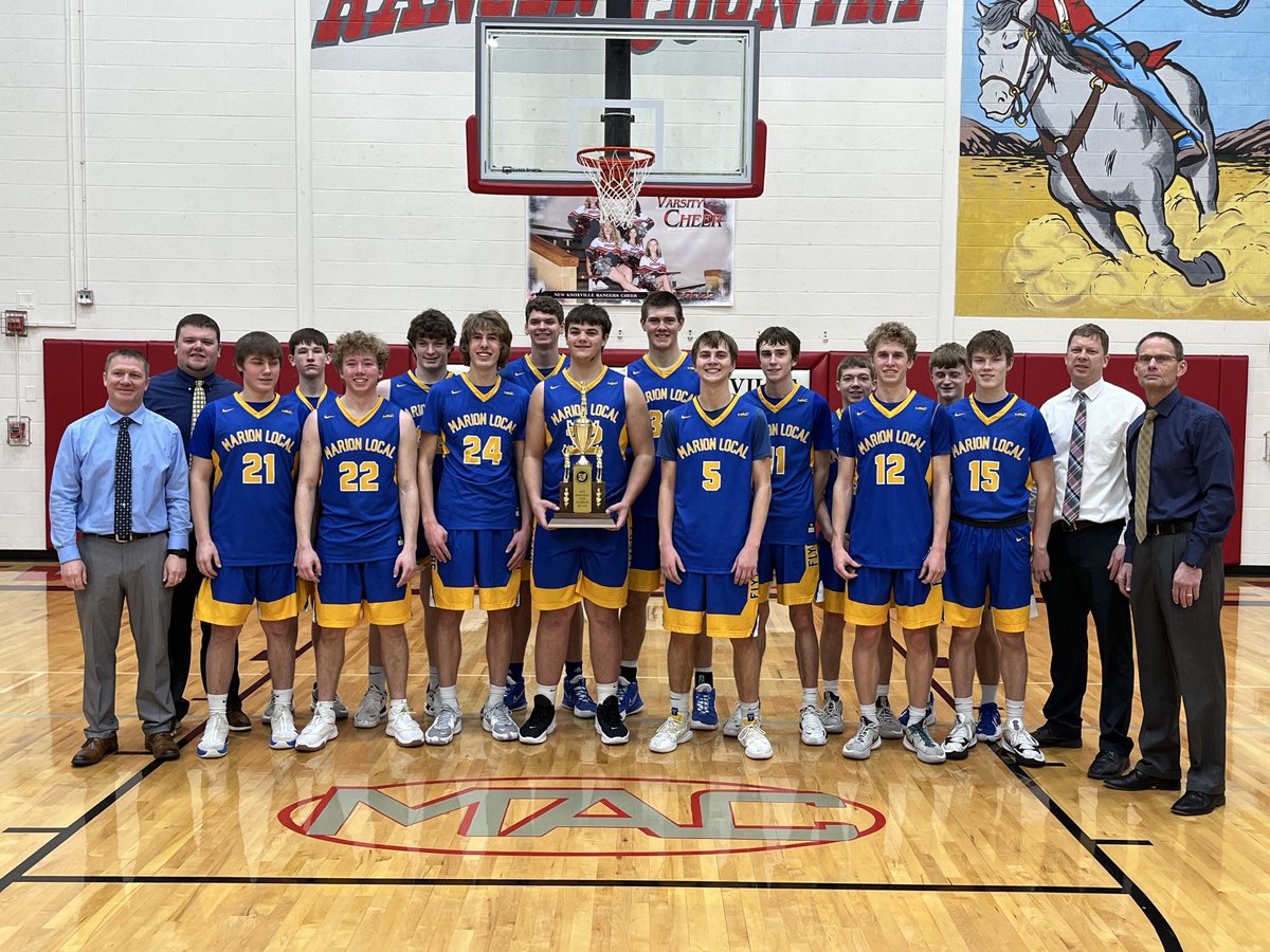 midwestathletic's tweet photo. Congratulations to the Marion Local boys basketball team and the New Bremen boys basketball team on sharing the 2021-2022 #MAC boys basketball team championship with the Versailles boys basketball team. #ThreeWayTie ⁦@MLFlyers_sports⁩ ⁦@NewBremenSports⁩ https://t.co/dPazVGTIDO
